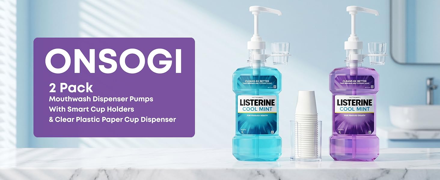 Dispenser Pumps for Listerine 1 or 1.5 Liter Mouthwash Bottles with Cup Holders