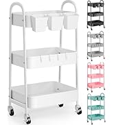 3 Tier Heavy Duty White Metal Rolling Cart with Lockable Wheels, Three Tier Roller Book Snack Car...