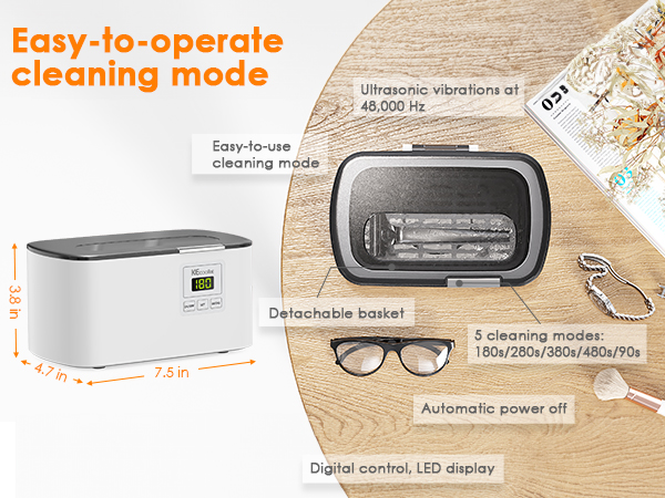White ultrasonic cleaner with digital LED display. Features include easy-to-operate cleaning mode, detachable basket, and 5 cleaning modes. Dimensions shown as 7.6 in.