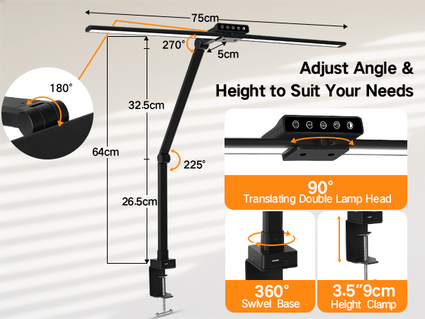 Technical diagram showing adjustable mount measurements: Height to Suit Your Needs, 90° Telescoping Double lamp Head, 360° rotation, and 3.5-5cm specifications with angle indicators.