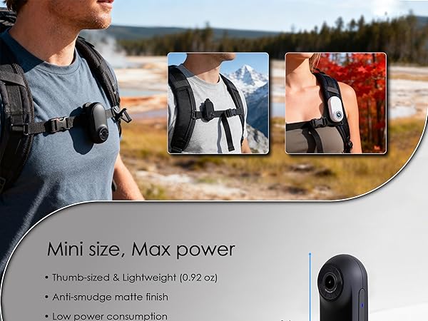 Text reads 'Mini size, Max power'. Series of outdoor action shots showing a small device being used in various scenarios against natural backgrounds.