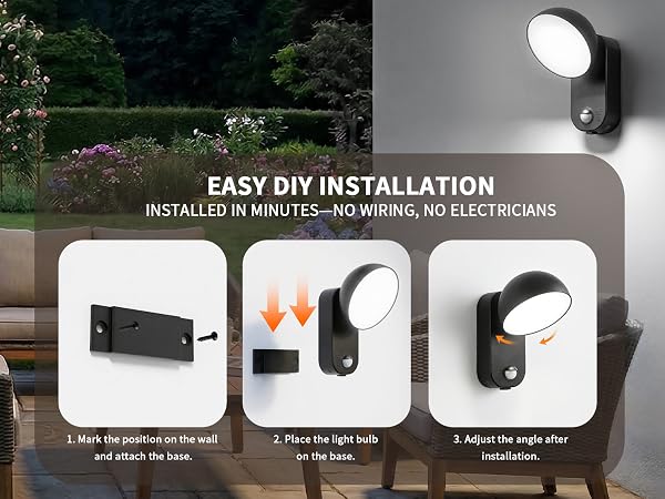 Text reads 'EASY DIY INSTALLATION'. Step-by-step outdoor security device installation guide showing mounting process with arrow indicators on dark background.