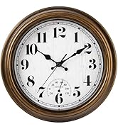 45MinST 12 Inch Indoor/Outdoor Retro Round Waterproof Wall Clock with Thermometer, Silent Non-Tic...