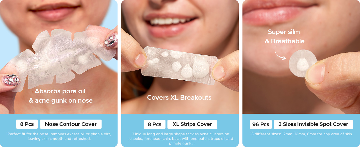 5 sizes to absorb oil and gunk from different skin areas