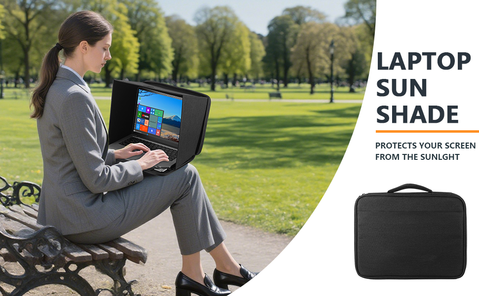 Text reads 'LAPTOP SUN SHADE' and 'PROTECTS YOUR SCREEN FROM THE SUNLIGHT'. Product demonstration showing laptop shade accessory in outdoor settings.