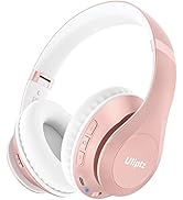 Rose gold wireless over-ear headphones with white ear cushions. Features visible control buttons and Uliptz branding. Sleek design with curved headband and adjustable ear cups.