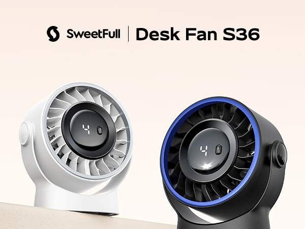 Text reads 'SweetFull Desk Fan S36'. Multiple views of a modern desk fan with blue LED accent lighting and silver/gray housing showing different angles.