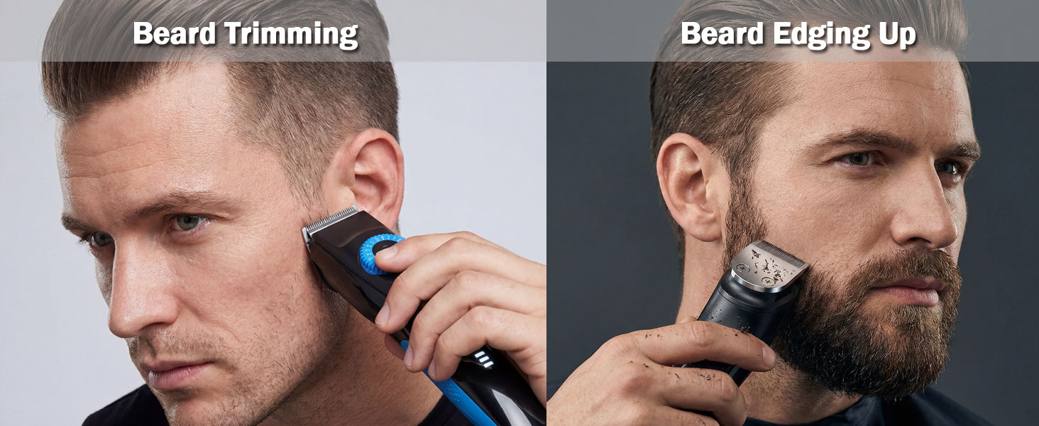 Close up of self-sharpening stainless steel blades cutting thick coarse beard hair.