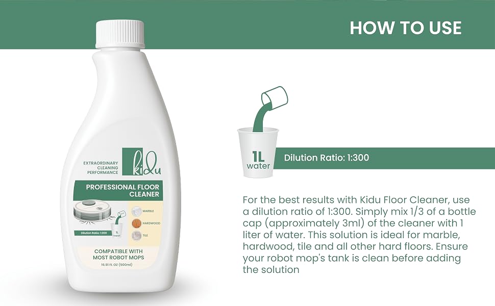 Bottle pouring small amount into water showing simple dilution instructions