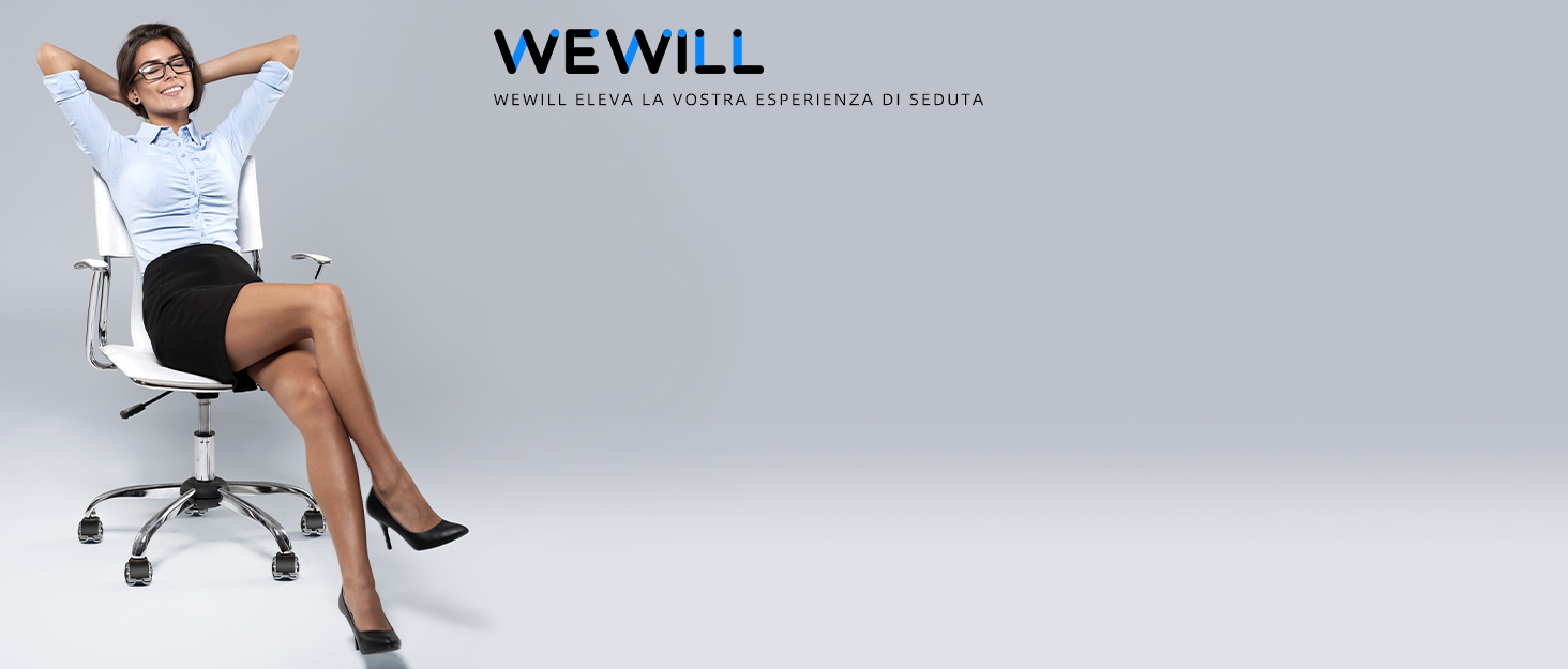 White office chair with chrome base, occupied by a person in business attire stretching their arms upward. 'WEWILL' text visible in background.