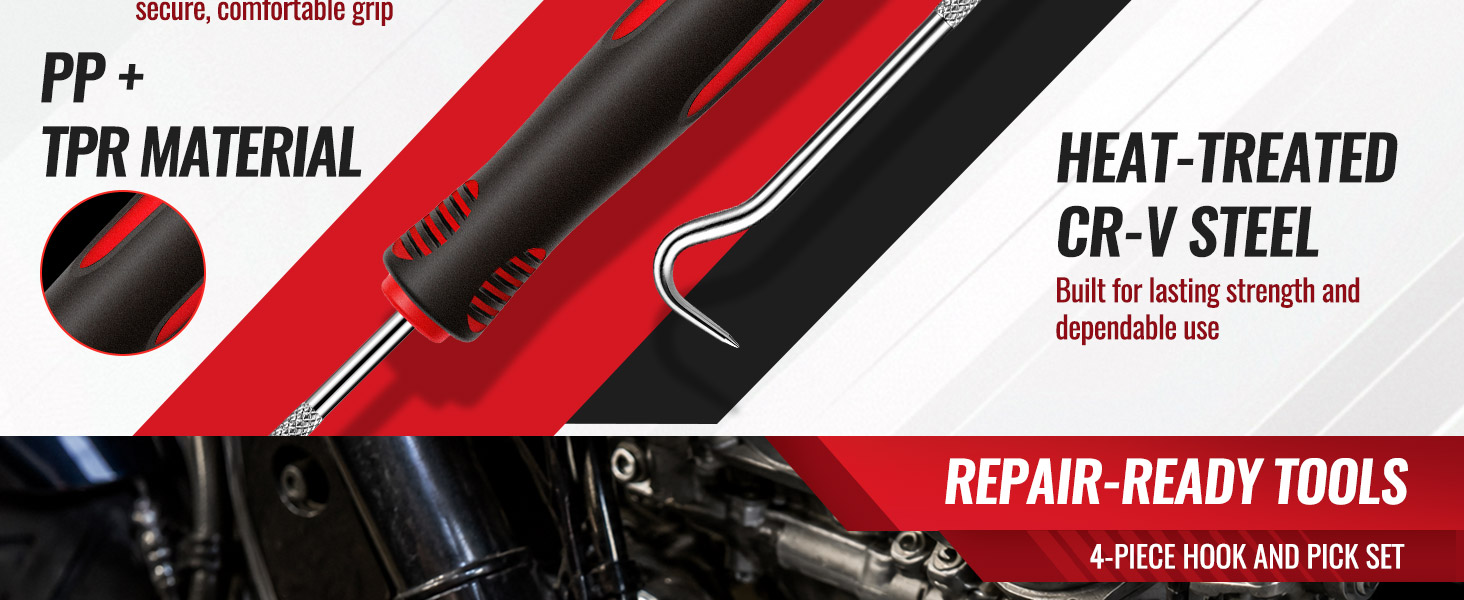 Mechanic pick set with PP and TPR grips and heat-treated chrome vanadium steel shafts.