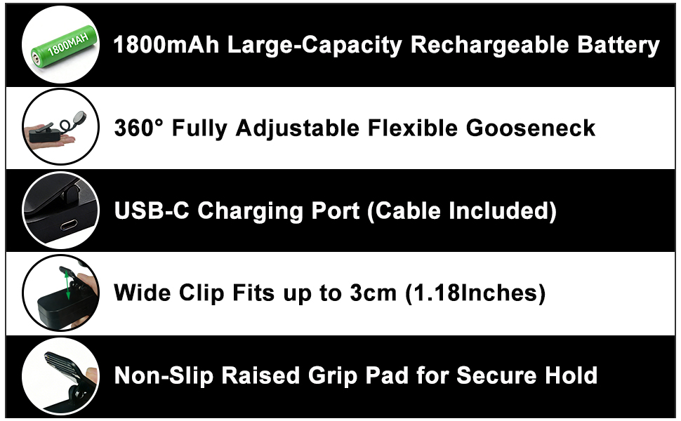 1800mAh Rechargeable 360° Adjustable Flexible Gooseneck USB-C Non-Slip Raised Grip Pad
