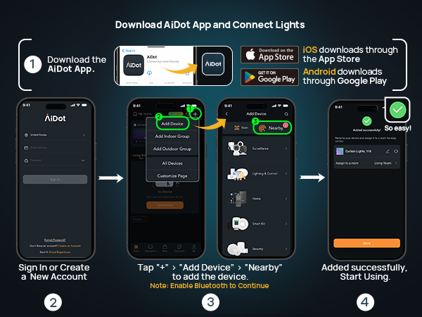 easy connect curtain lights to aidot app