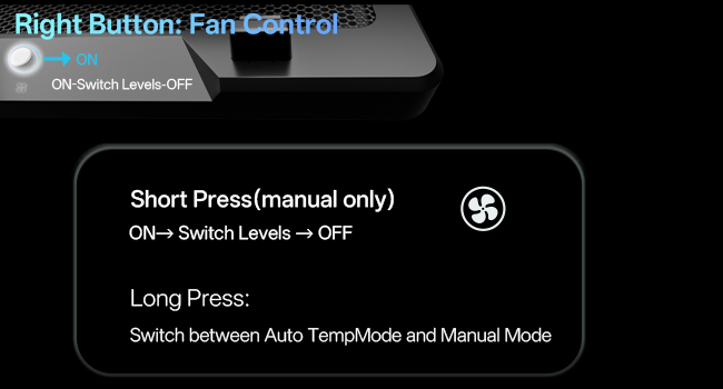 A close-up of the cooling pad&amp;#39;s right control button, used to adjust fan speed and modes
