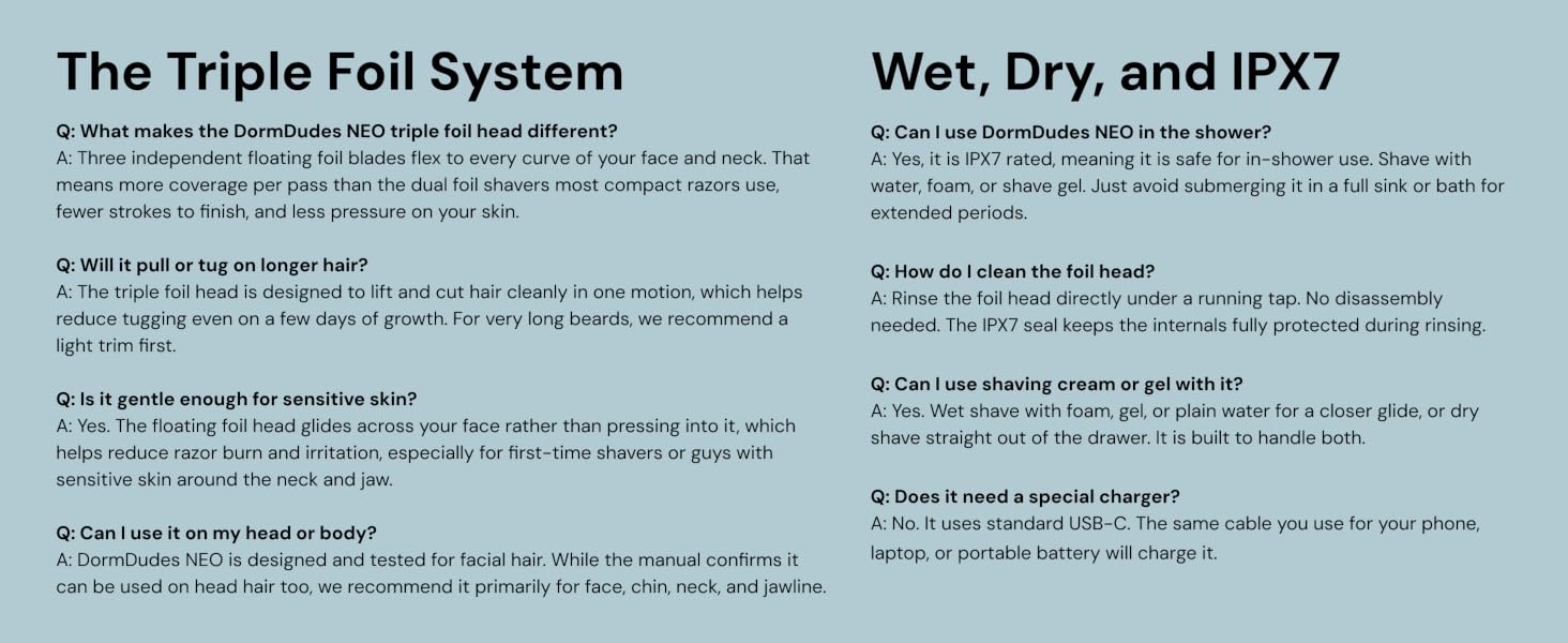A question-and-answer board answering about triple-foil, wet and dry shaving, and IPX7