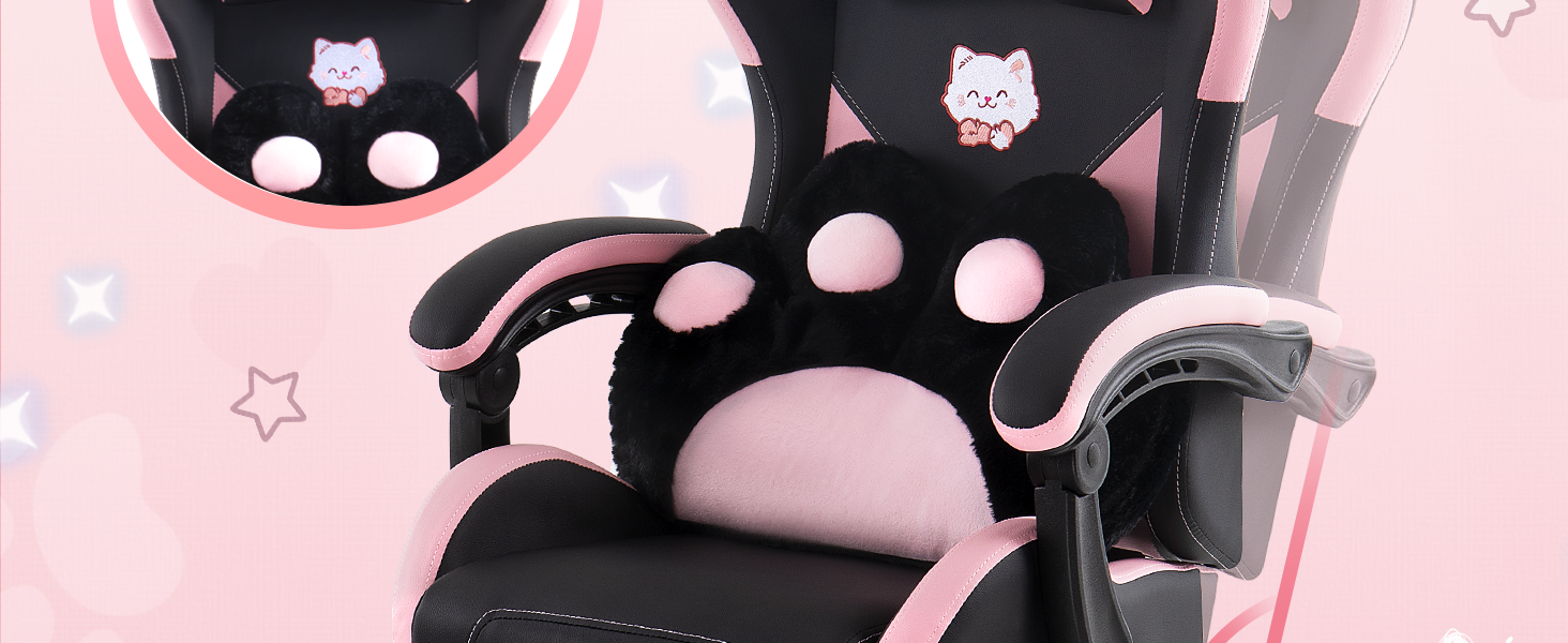 Gaming Chair with Cat Ears and Cat Paw Lumbar Cushion, Cute Ergonomic Gaming Computer Desk Chair