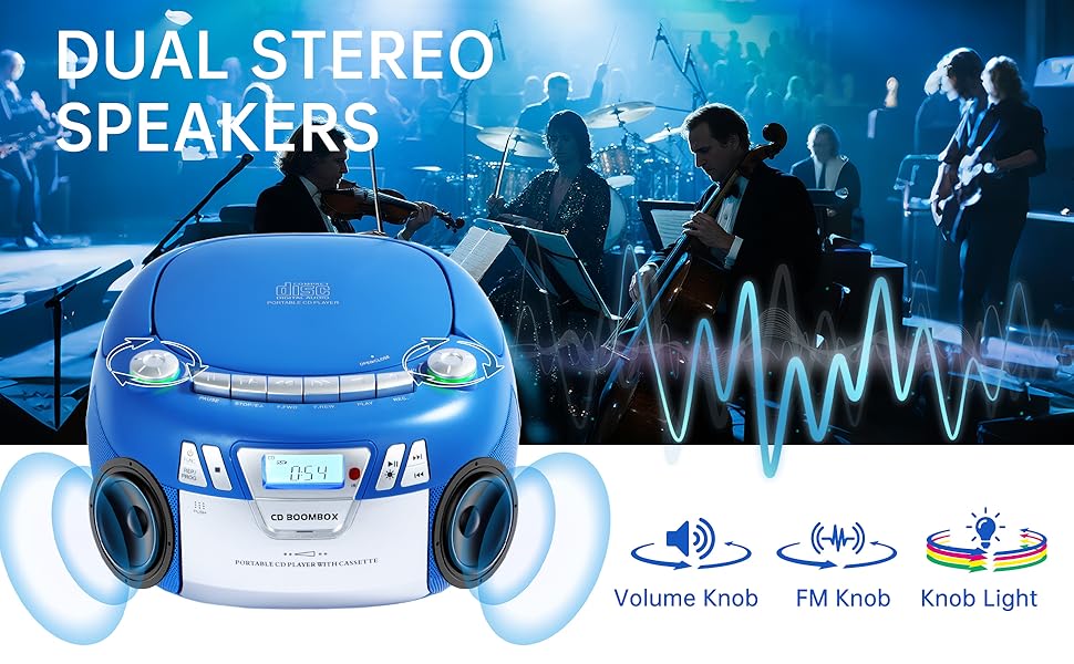 dual stereo speakers, boombox, FM radio, great sound quality, portable radio.