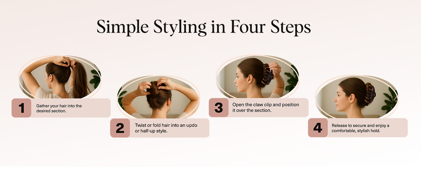 Text reads 'Simple Styling in Four Steps' with four sequential images demonstrating a hair styling technique.