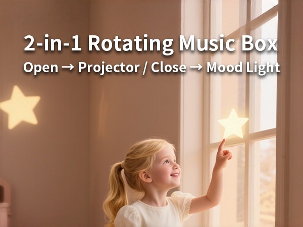 The rotating stars and moons paint the ceiling, turning your child’s bedroom into a serene galaxy