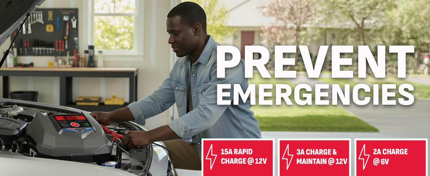 Man using Schumacher car battery charger to prevent emergencies, 6V and 12V modes