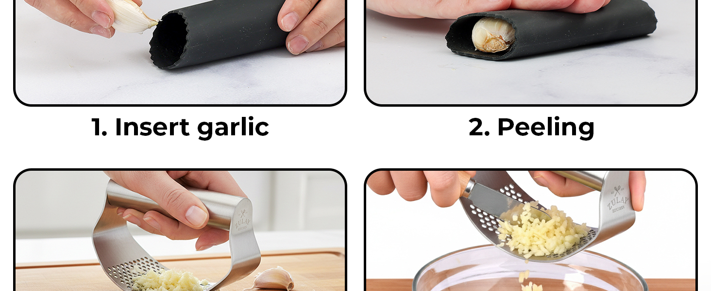 Premium garlic press rocker set with stainless steel blade, peeler, and scraper.