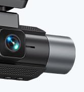 Black cylindrical webcam with blue lens. Features include a privacy shutter, dual microphones, and adjustable mounting clip. Designed for video conferencing and streaming.