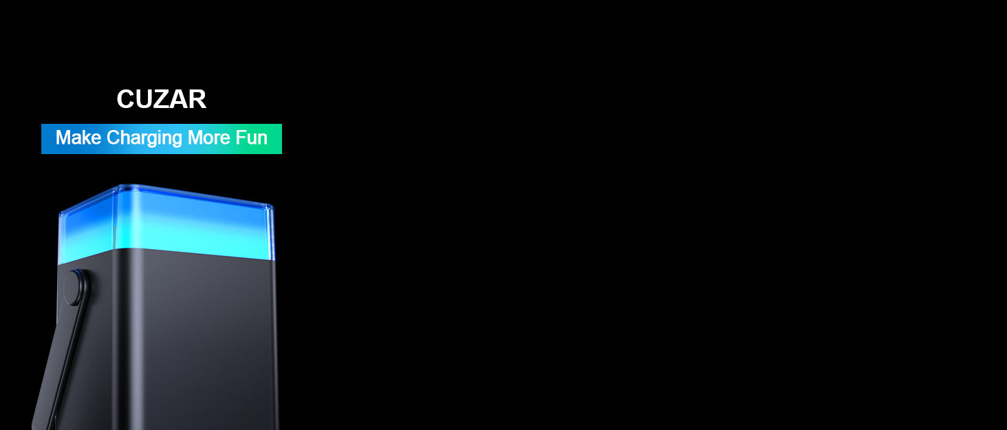 Cuzar branded device with illuminated blue LED strip along top edge, featuring a black rectangular housing design.