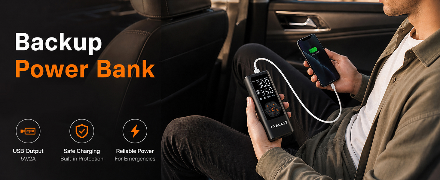 EVALAST air pump provides 5 V/2 A emergency USB power for temporary phone charging.