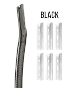 Text reads 'BLACK'. Black textured handle or grip shown alongside six light-colored replacement blades or attachments arranged in two rows.