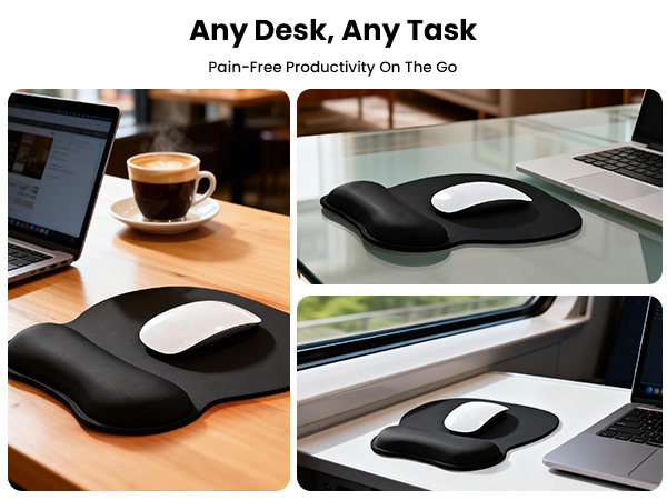 Ergonomic memory foam mouse pad with wrist support shown next to laptop