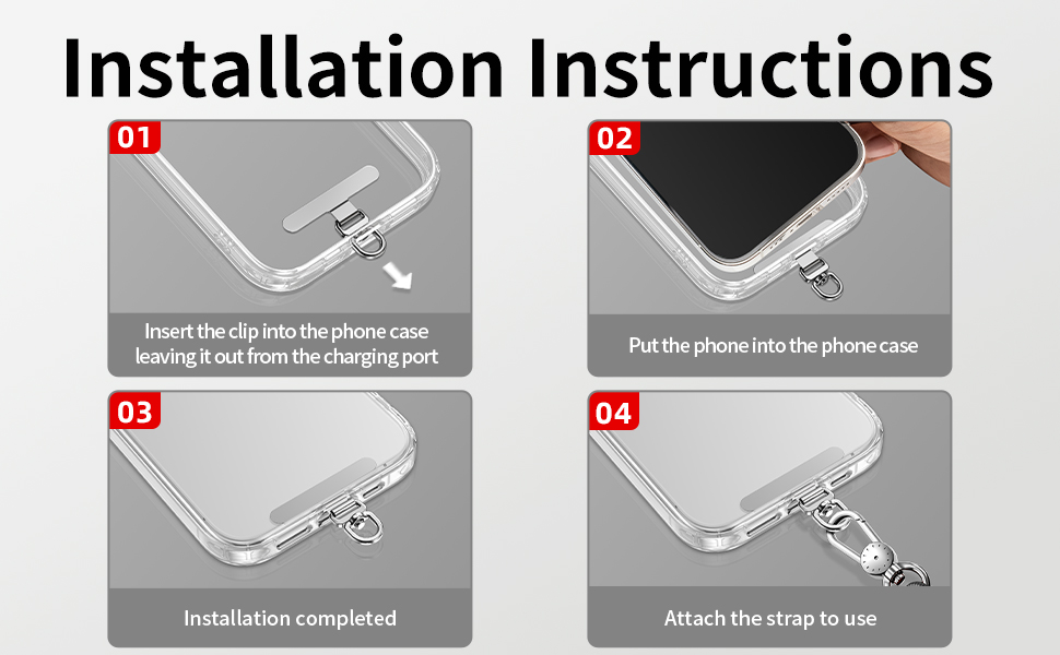 3-step phone holder install: Slide into case ? Secure phone ? Attach strap