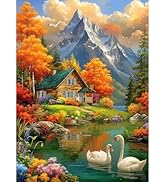 500 Piece Jigsaw Puzzle for Adults - Mountain Cabin Lake with Swans Colorful Autumn Forest Landsc...