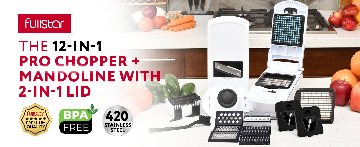 Fullstar 12 in 1 chopper mandoline with 2 in 1 lid product banner