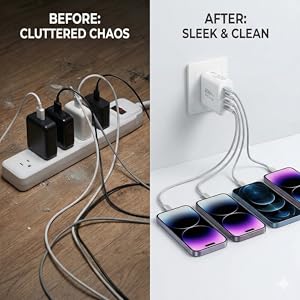 Cluttered power strip vs. compact 4-port USB C wall charger plugged into a wall outlet