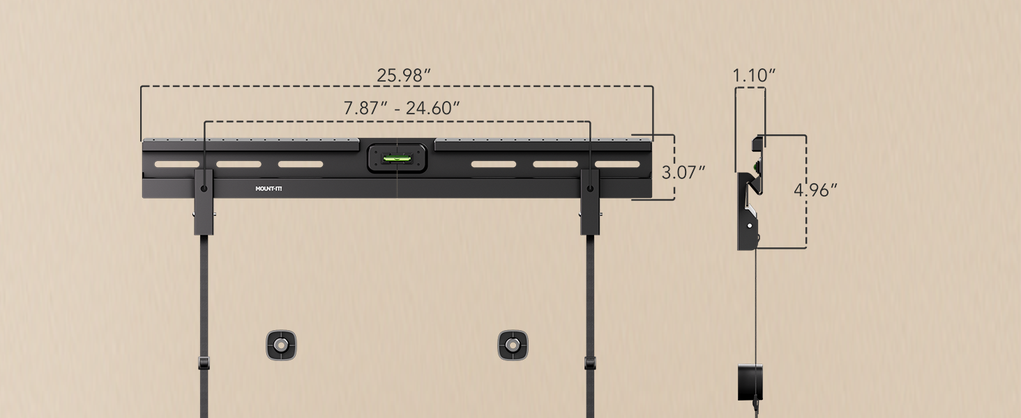 Dimensions for rail mount: 25.98&amp;#34; wide, 7.87–24.60&amp;#34; slot spacing, 3.07&amp;#34; tall, 1.10&amp;#34; profile