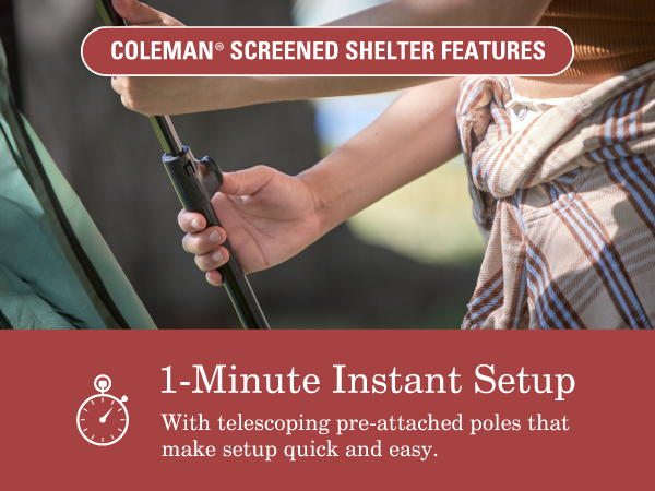 one minute setup coleman screened shelter feature attached poles quick easy set up outdoor camp game