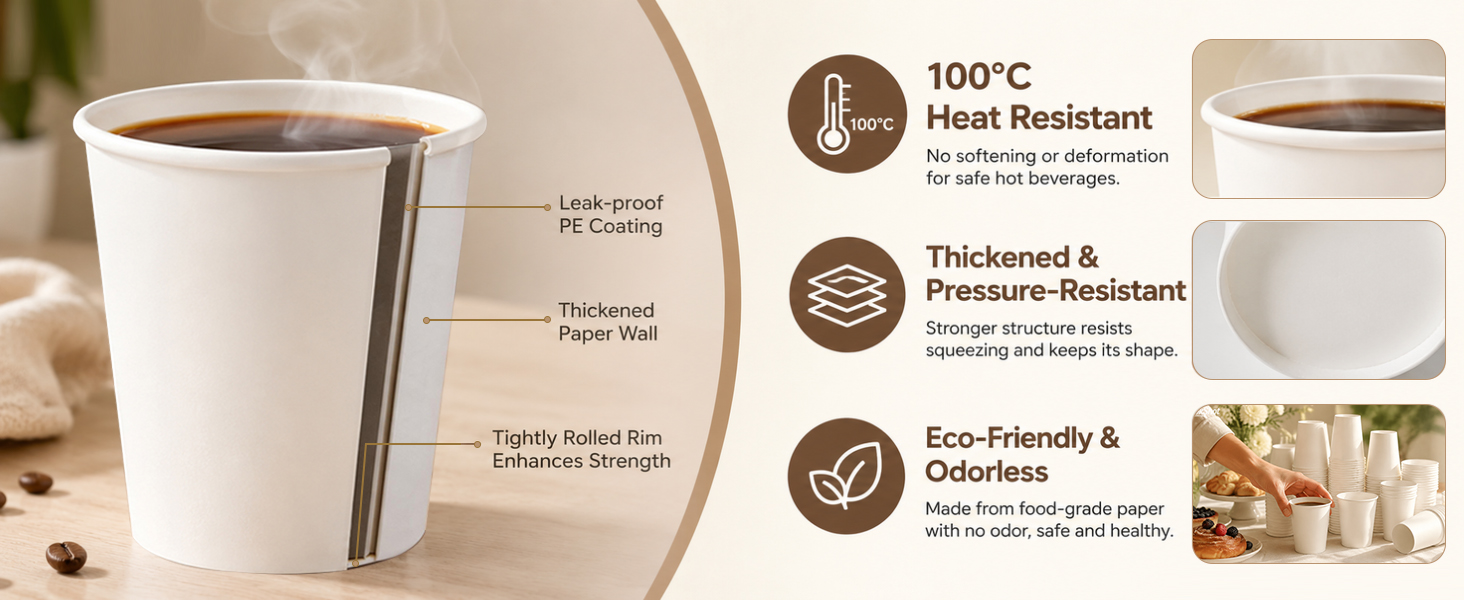 12 oz Disposable Paper Coffee Cups, 100 Count – Leak-Resistant White Cups for Hot &amp; Cold Drinks