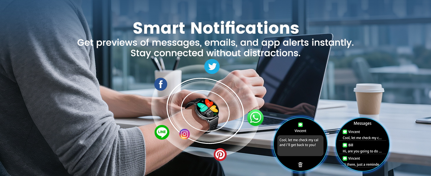 Text reads 'Smart Notifications: Get personalized messages, emails, and app alerts instantly.' Smartwatch interface showing circular notification icons on wrist with coffee cup in background.