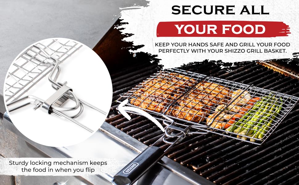 GRILL GRILING BBQ BASKET HANDLE FOOD STEAKS VEGIE KABOB PORTABLE FISH SHRIMP