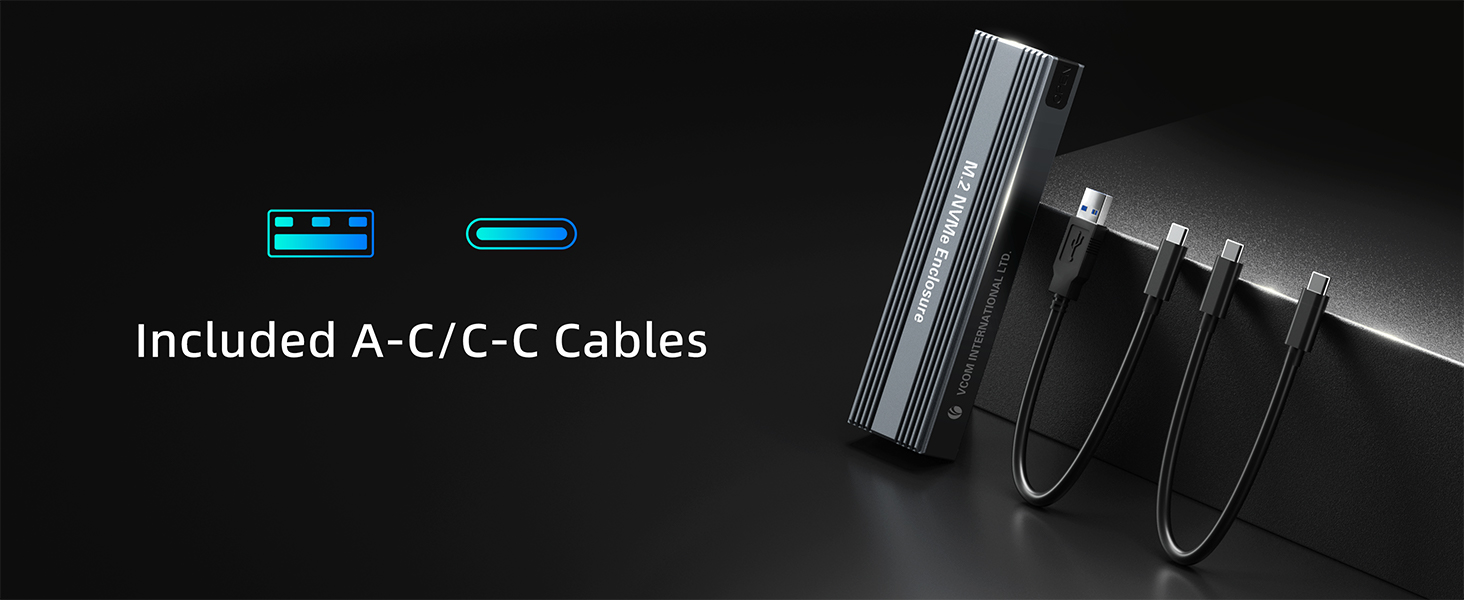 USB cables with A-C and C-C connectors next to a sleek, ribbed metallic object, possibly an electronic device or hub. Blue icons indicate included cable types.