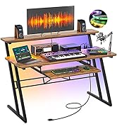 Armocity Music Studio Desk, Music Production Workstation with Power Outlets and RGB LED Lights, R...