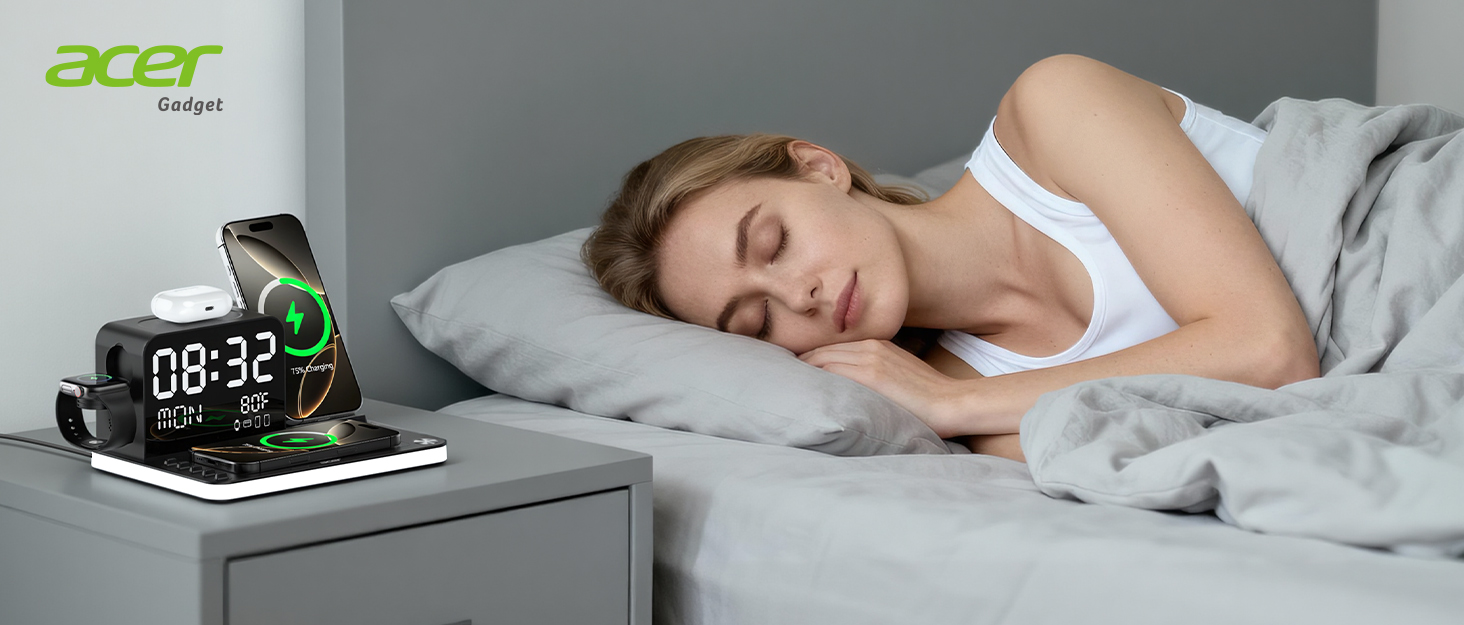 Acer 7-in-1 Wireless Charging Station with LED Clock - 30W Fast Wireless Charger for iPhone