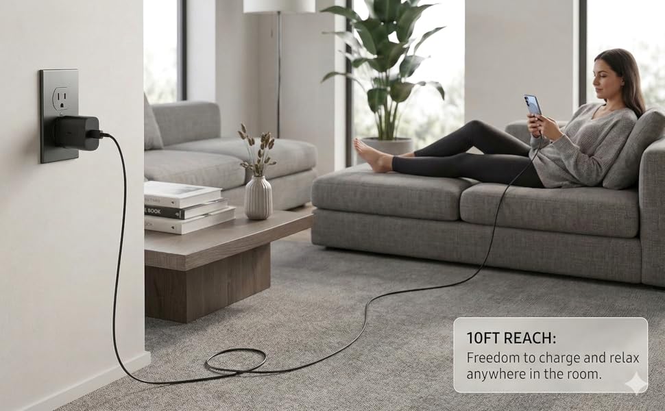 25W USB-C Fast Charger Block and 10ft Type-C Cable charging a Galaxy S25 on a living room couch.