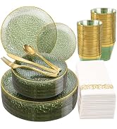 DaYammi 175PCS Sage Green Plastic Dinnerware Set, Plastic Plates Disposable Hammered Disposable P...