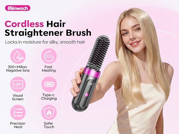 Minwoch Cordless Hair Straightener Brush for Silky Smooth Hair