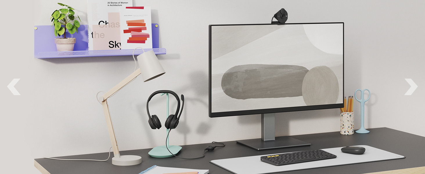 desk setup with brio 300 webcam, h390 usb headset, k390 wireless keyboard, m350 mouse graphite