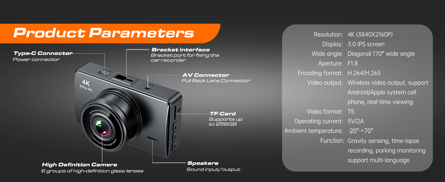 dash cam with 4K recording, 3 IPS screen