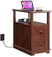 WLIVE Narrow Side Table with Charging Station, Wooden End Table with 2 Drawers, End Tables Living...