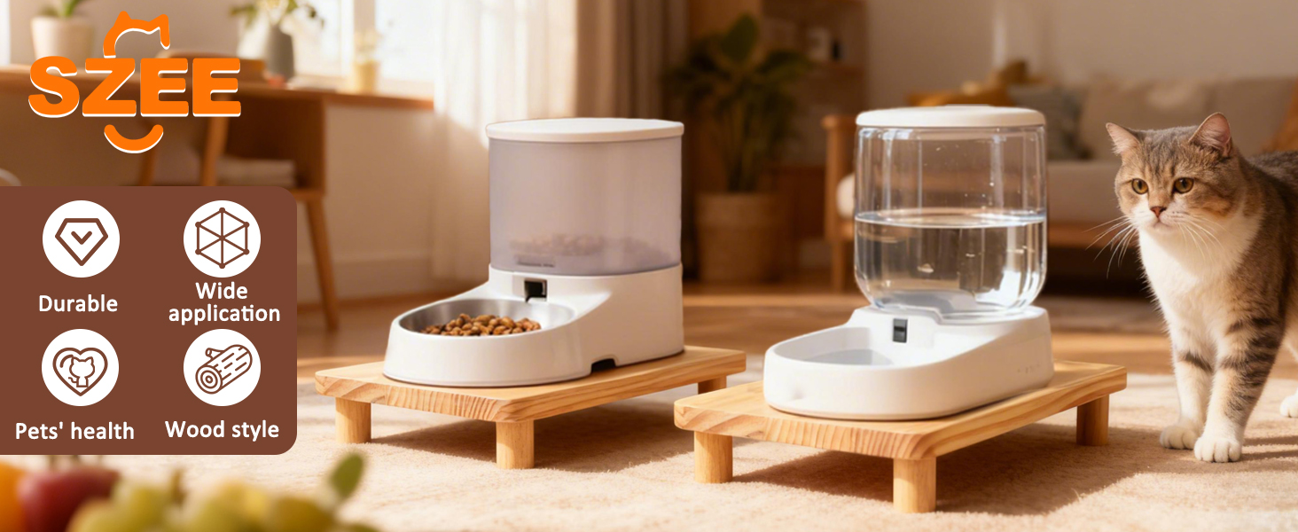 Text reads 'SZEE'. Pet feeding station with two elevated wooden platforms supporting white food and water dispensers. Orange cat visible near setup.