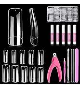 MORGLES 500 Pcs Clear Acrylic Nail Tips Square Full Cover with Nail Clipper Files and Glues Cutic...